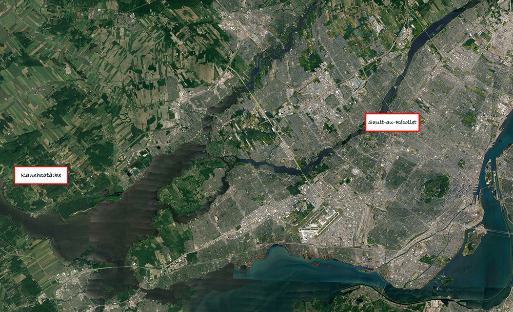 Recent aerial photograph of the Montreal region. Near the white rectangle on the left: the site of the Nouvelle-Lorette missionary outpost in Sault-au-Récollet. Near the one on the right, the site where the Indigenous population resettled in 1721. We know it today as the Kanesatà:ke community, near Oka and the Ottawa River.