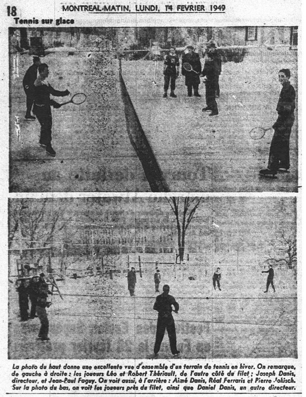 A newspaper clipping from the Journal de Montréal showing two photos of tennis players wearing skates on a rink. The upper one is taken closer, alongside the net. Daniel Danis, who was one of the club’s administrators, appears on the second photo, a general view, with the La Visitation school in the background.