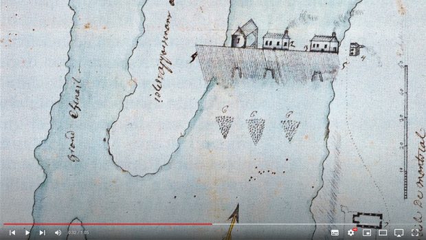 Detail of a map of the sector between Fort Lorette and the mills’ dike, most likely drawn before 1750. At the top, we see the dike and the first mills. On the lower right, Fort Lorette and its buildings, among which is the chapel of the missionary outpost.