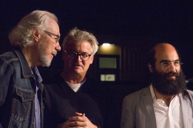 A close-up portrait of poet Jacques Boulerice (left), Clément Canac-Marquis of Concerts Ahuntsic en fugue (centre) and musical composer Kiya Tabassian (right), a few minutes after the first public performance of the Mémoires d’Ahuntsic anthem.