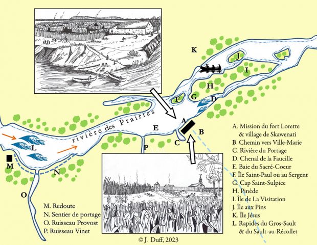 The background illustration shows the geographical context of the fort of the missionary outpost of Nouvelle-Lorette, between the Gros-Sault rapids and La Visitation Island, in the early 1700s. Two artist views of the fort are in the foreground: a first view from the shore and a second one from inland. Two theories exist as to the exact location of the First People's village in relation to the fort.