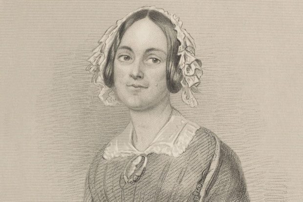 Black and white stipple engraved portrait of a woman in Victorian clothes and headdress.