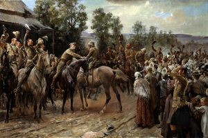 Colour photograph of an oil painting showing two men, mounted and in battle uniform, shake hands to the accolades of cheering mounted soldiers with caps raised and an onlooking group of civilians.