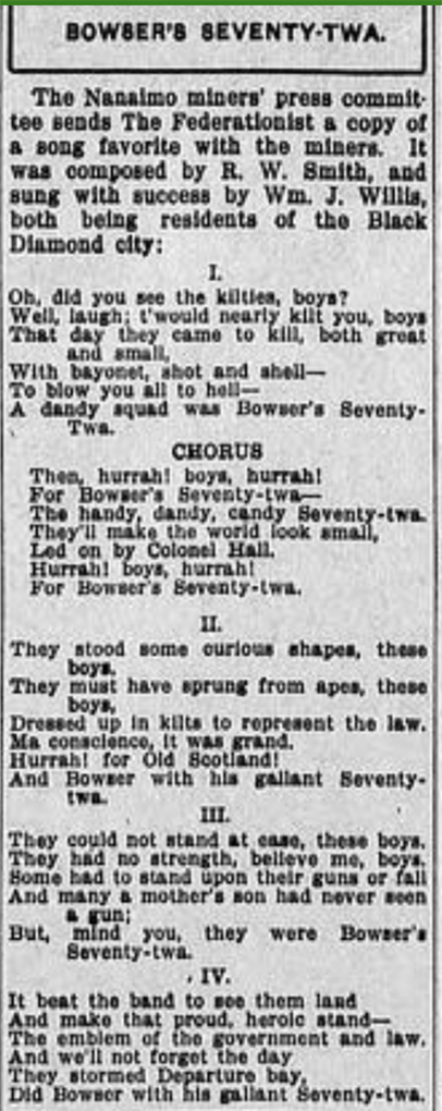 Printed words of the song ‘Bowser’s Seventy Twa’ published In the British Columbia Federationist Newspaper.