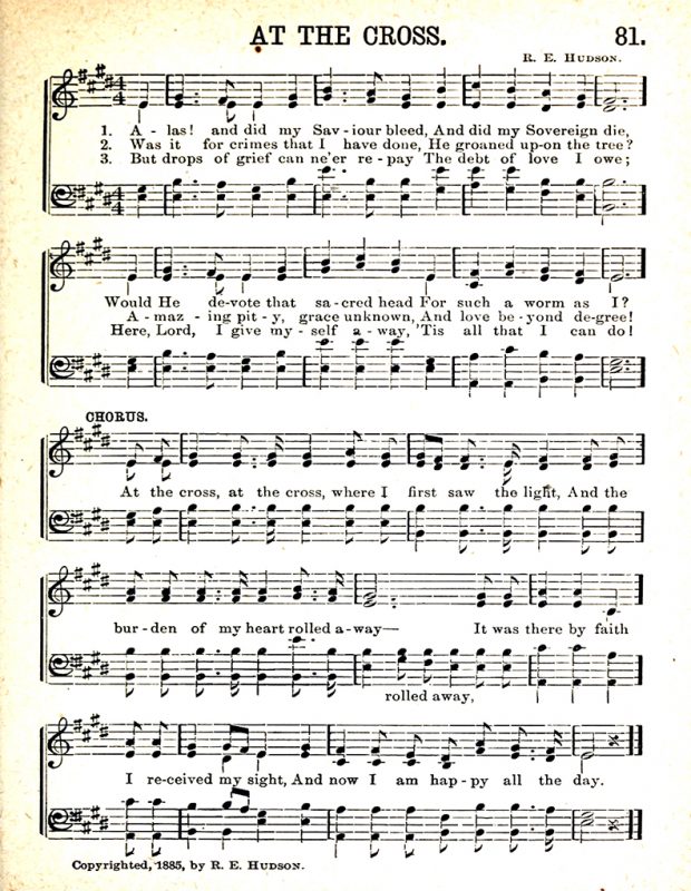 Black and white printed music score with words for the hymn ‘At the Cross’.