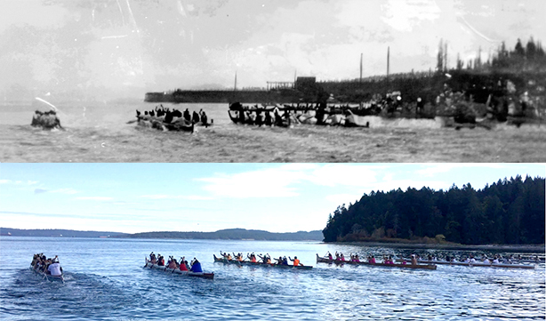 Two photographs show first nations canoes racing. One photograph is a slightly fuzzy black and white image showing five canoes paddling away from the photographer. The lower photograph is in color, shows six first nation canoes. The water around the canoes in both photographs is churned by the intense activity of the paddlers.