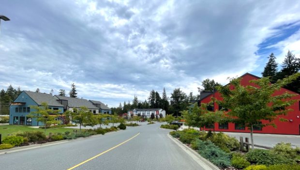 Colour photograph of a street scene showing three clusters of modern commercial buildings.
