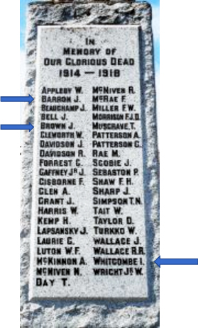 Colour photograph of a light grey granite plinth with lettering carved into it and coloured black. The text “In Memory of Our Glorious Dead 1914-1918 “ overlays 41 names. Three blue arrows overlain on the photograph depict those who were well-known musicians within the community.