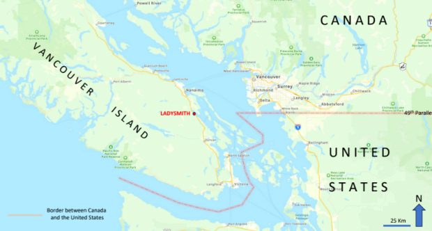 Coloured map, green land and blue sea cover southern Vancouver Island and the adjacent mainland. Ladysmith is shown, the boundary between the United States and Canada, following the arc of the 49th Parallel on the mainland, but jogging to the south of Vancouver Island through the Gulf Islands and Juan de Fuca Strait.
