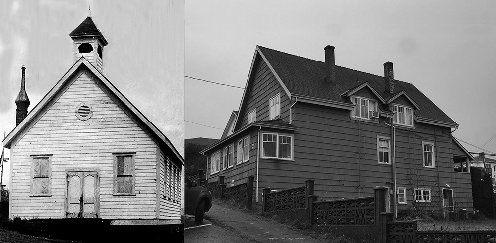 Two images of the same building. On the left is a black and white photograph of a simple wooden church hall with double entrance doors, rectangular windows, belfry and ornate brick chimney at the side. On the right is a color photograph of the same building remodelled as a three story private dwelling.