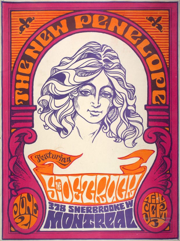 A poster printed in light purple, dark blue and orange inks featuring an illustration of the Greek goddess Penelope under a large curved banner with the words The New Penelope and with differently stylized psychedelic type along the bottom half.