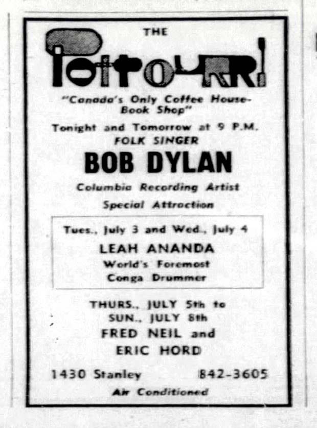 Black and white newspaper ad in black outlined rectangle featuring a stylized logo for The Potpourri coffeehouse and bold text underneath advertising a concert by Folk Singer Bob Dylan.