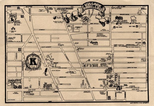 Hand-drawn map of the Village Carré Saint-Louis area. Hand-written text and small drawings illustrate key venues and places on the map.