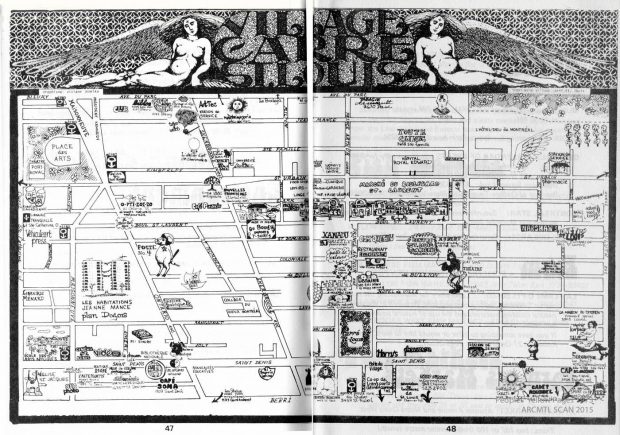 Hand-drawn map of the Village Carré Saint-Louis district of Montreal in the early 1970s, feautring hand-drawn images and information illustrating notable venues and shops in the area.