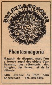 Publicité en noir et blanc pour le magasin de disques Phantasmagoria, illustrée d'un symbole circulaire inspiré du mandala.