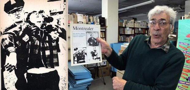 Photomontage with a black and white image on the left side of a policeman holding a young man by the underarms and on the right side an older man with white hair holding out a magazine and talking towards the camera in a room full of shelves and books. The man in both images is Michael Nerenberg.