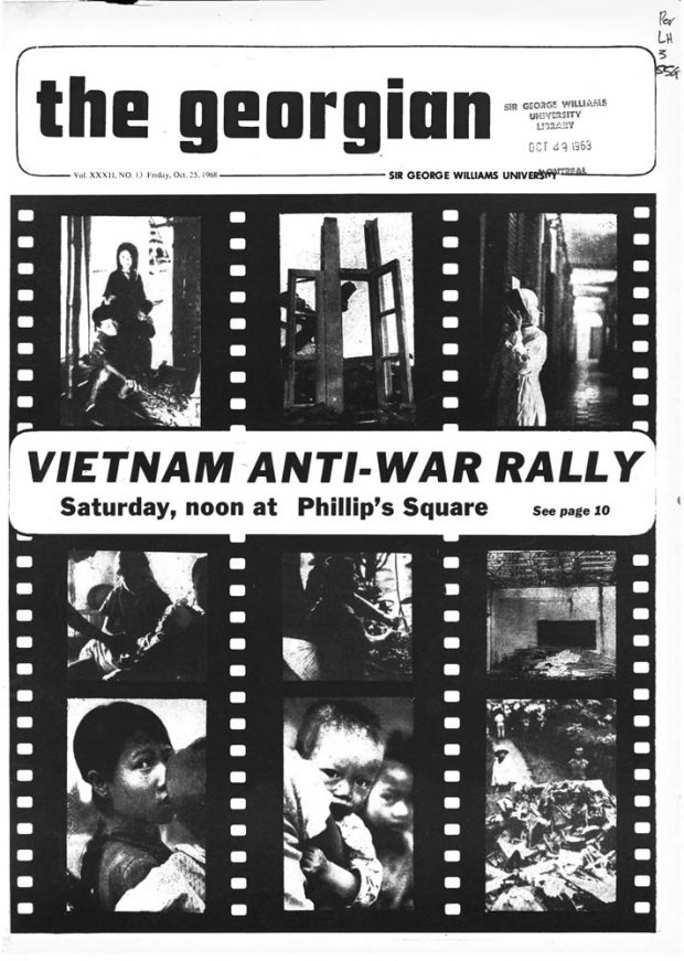 Black and white front cover page of the student newspaper The Georgian featuring three stylized film strips featuring images of the Vietnam war and a headline across the middle of the page.