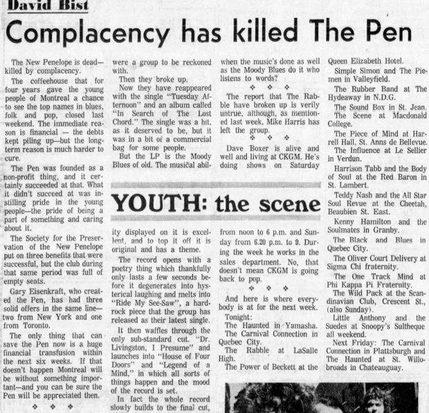 Black and white clipping from a newspaper showing an article with the title Complacency has killed The Pen.