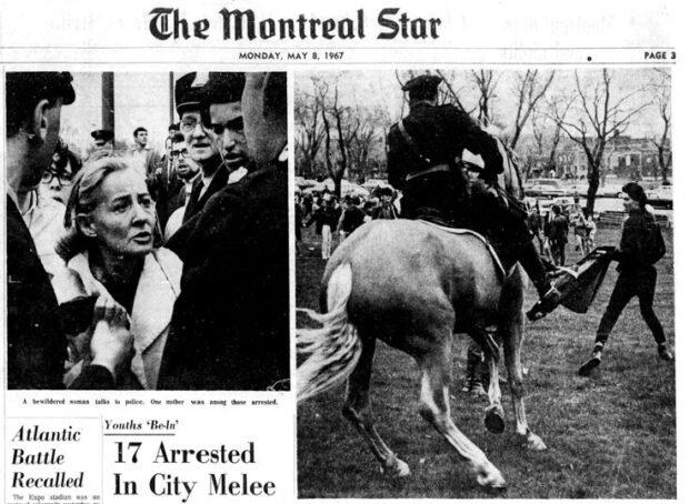 The front page of The Montreal Star newspaper featuring an image of a woman confronting police officers in a park and an image of mounted police charging a horse at people gathered in a park