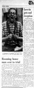 An image of a portion of the front page of The Montreal Star newspaper featuring a seated man chanting at a Love-In in a park which is the subject of the article next to the image.