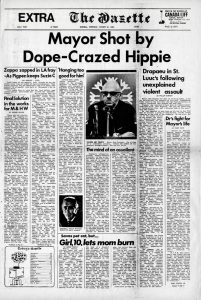 Première page du magazine Logos présentant une satire du journal The Gazette avec un titre s'exclamant en caractères gras : Le maire abattu par un hippie drogué