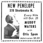 A square black and white newspaper advertisement for a Muddy Waters concert at the New Penelope featuring a small picture of Waters playing guitar.