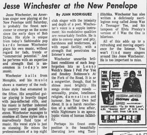 Black and white newspaper article in three columns promoting concerts by Jesse Winchester at The New Penelope.