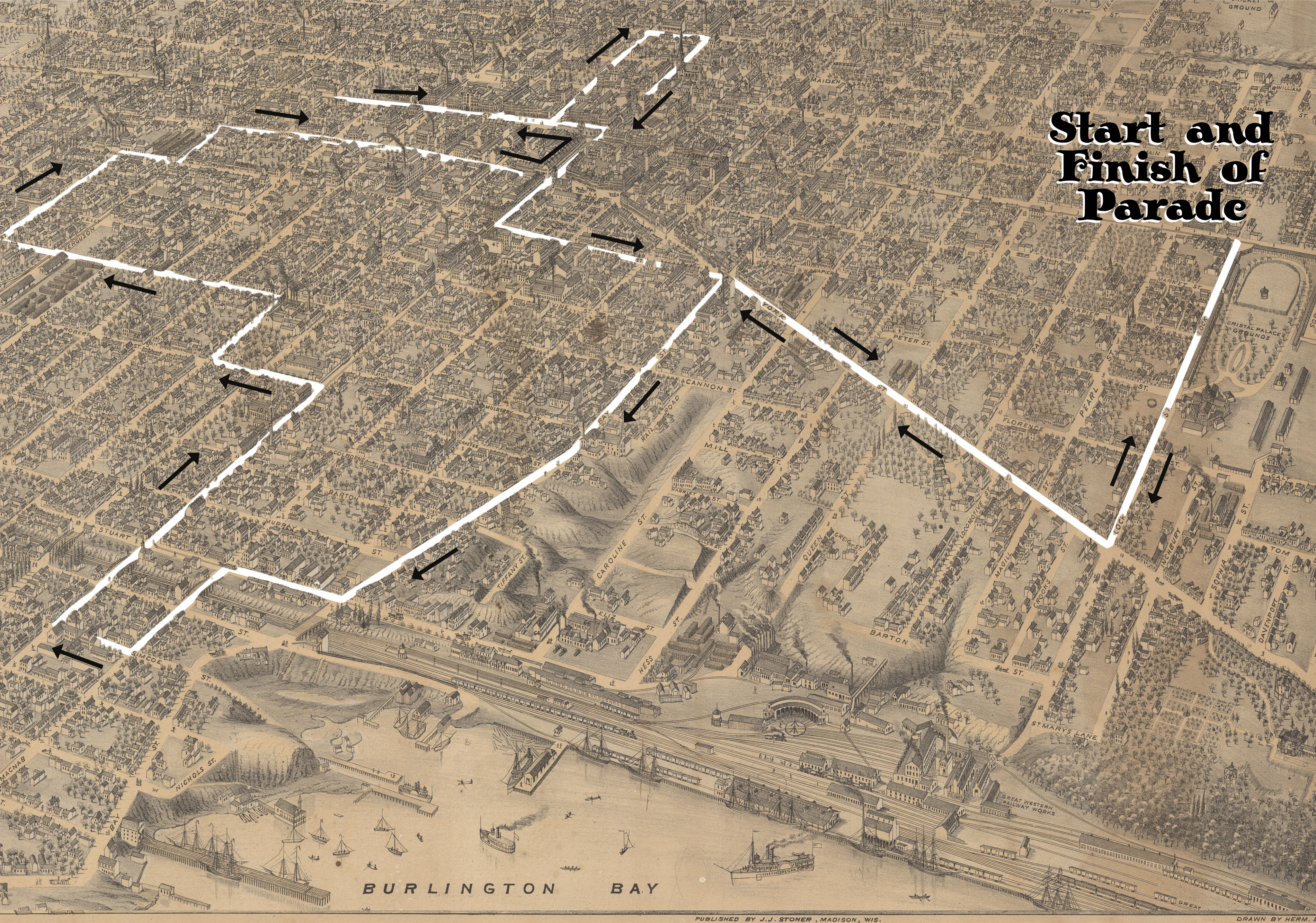 An illustrated map of Hamilton with Burlington Bay to the south and Victoria Park to the east. The map includes a new illustration of the circular route of the Nine-Hour League Parade, beginning in the east and looping back to the east.