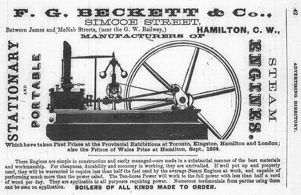 Annonce imprimée d’un moteur à vapeur de F.G. Beckett, soulignant le premier prix remporté par les moteurs à vapeur stationnaires et portatifs aux expositions provinciales. L’annonce comprend une illustration du produit.