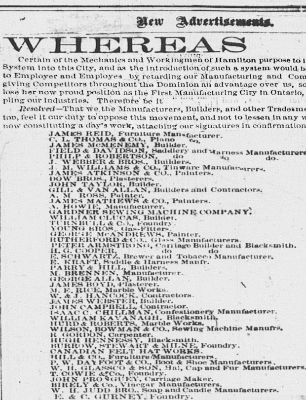 An advertisement taken out in the Hamilton Spectator by merchants who opposed the league. The segment of the list is dozens of names long, including the E & C. Gurney Foundry.