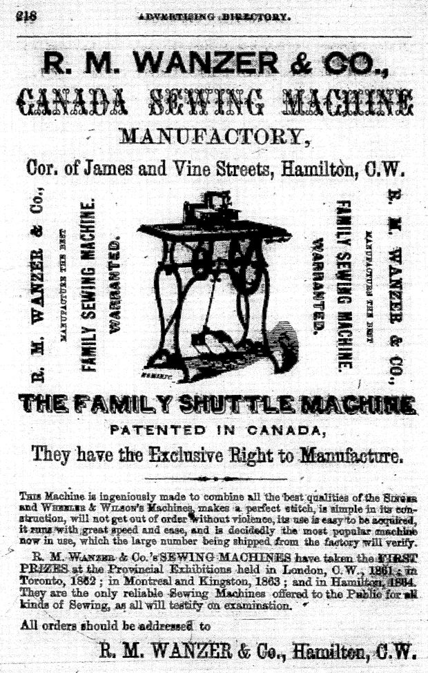 A printed advertisement from R.M. Wanzer & Co. highlighting their new family shuttle sewing machine. The ad includes information on how to place your order and an illustration of the new product.