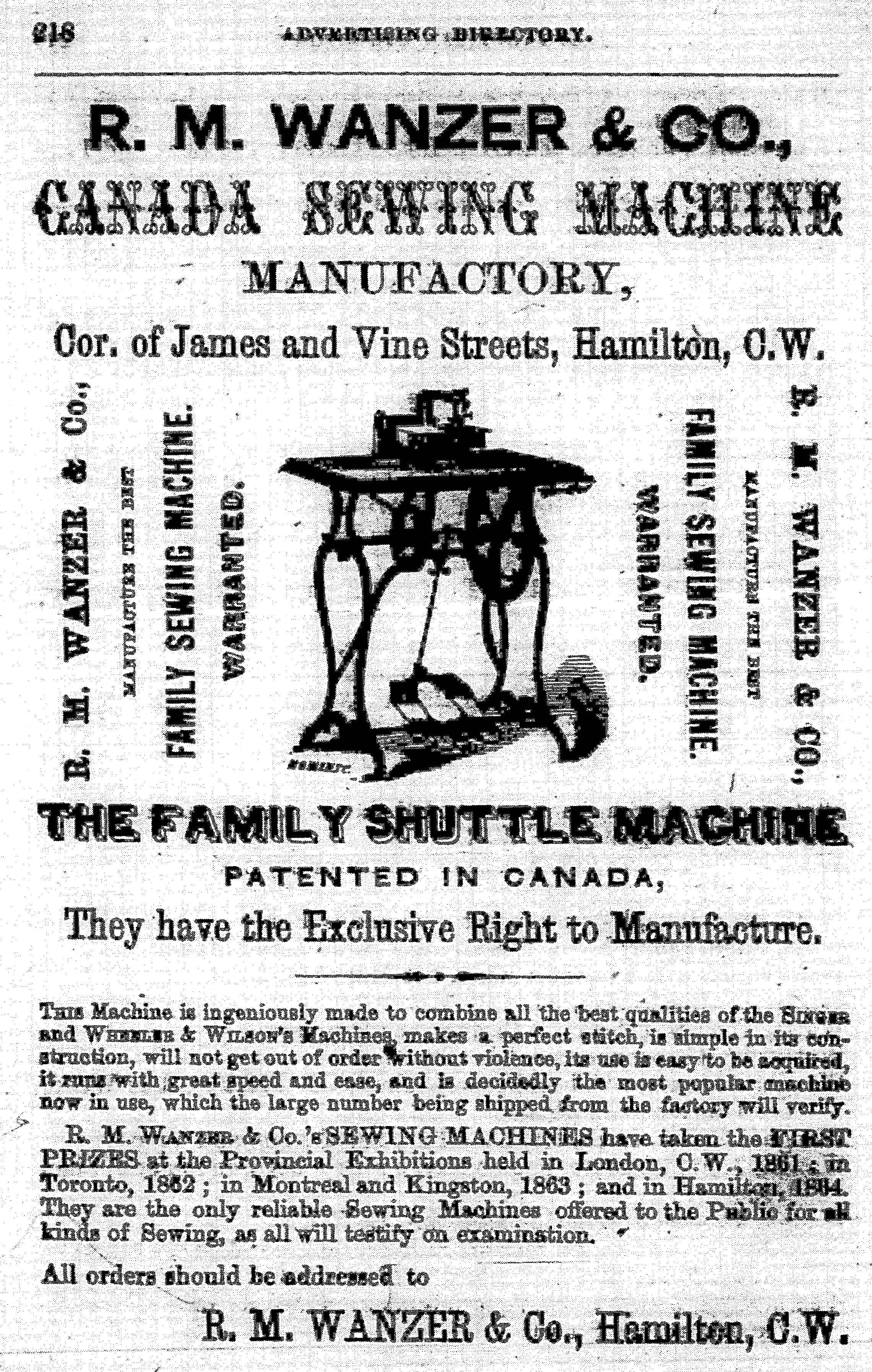 A printed advertisement from R.M. Wanzer & Co. highlighting their new family shuttle sewing machine. The ad includes information on how to place your order and an illustration of the new product.