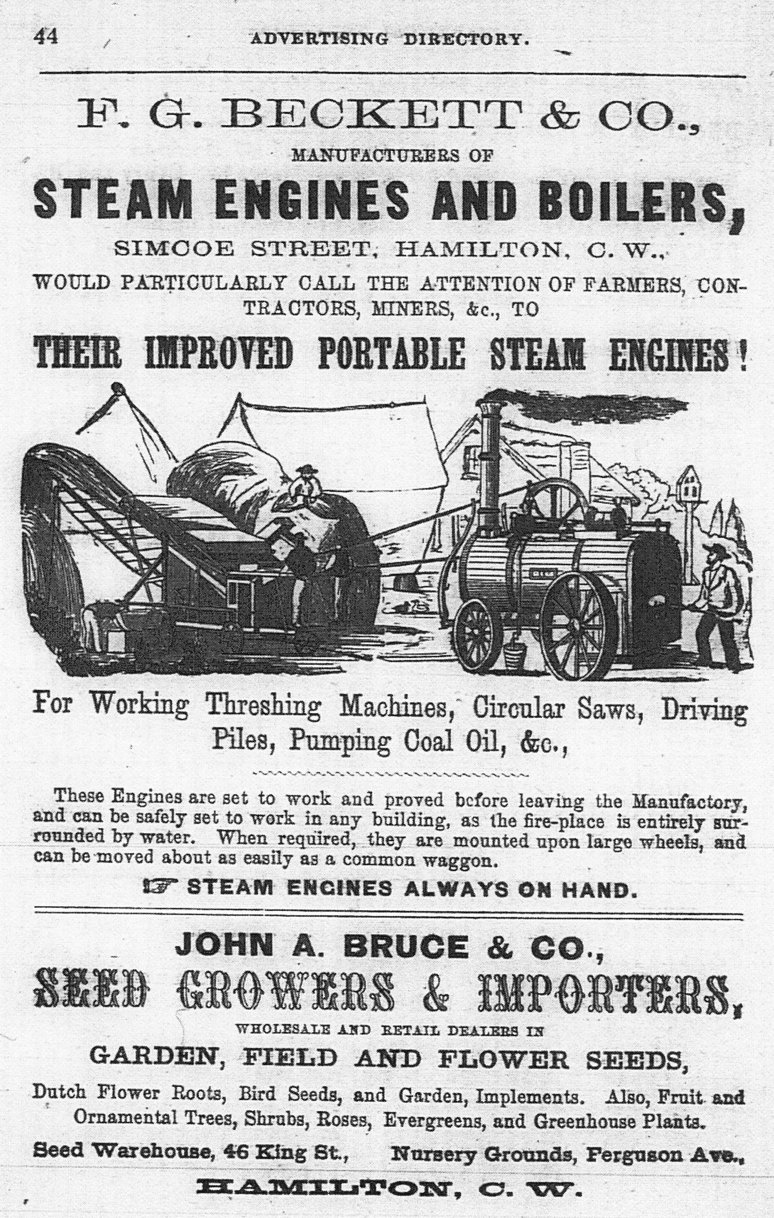 A printed advertisement for F.G. Beckett & Co. Steam Engines and Boilers featuring a drawing with new information on their "improved portable steam engines"