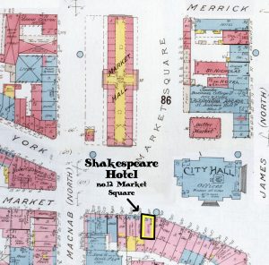 A multi-coloured insurance map of Old Market Square. The image provides basic blueprints for dozens of structures on the perimeter of the square. In text, the map highlights the location of the Shakespeare Hotel in the south-west corner of Old Market Square.
