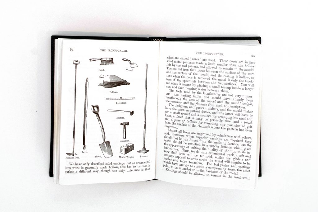 A page of text and illustration from the Boys Book of Trades that highlights several types of ironfounder tools.