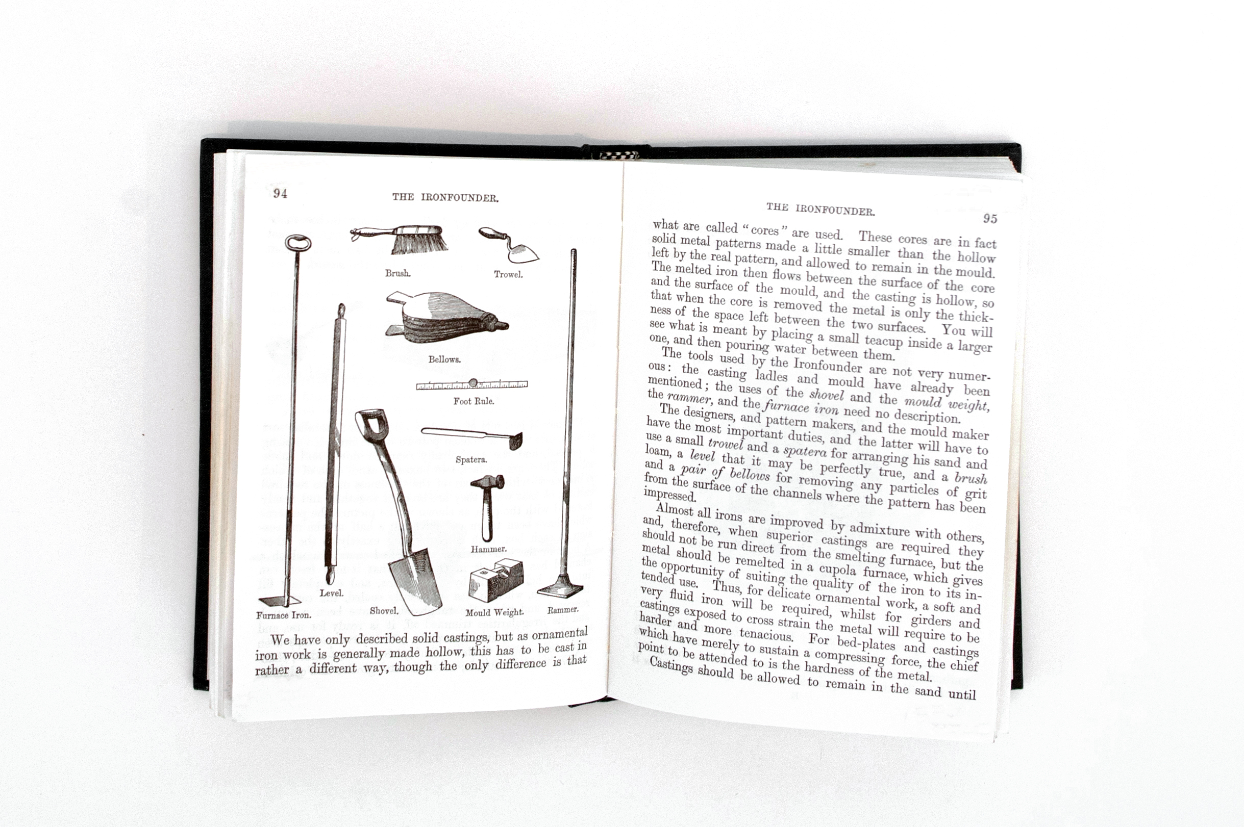 A page of text and illustration from the Boys Book of Trades that highlights several types of ironfounder tools.