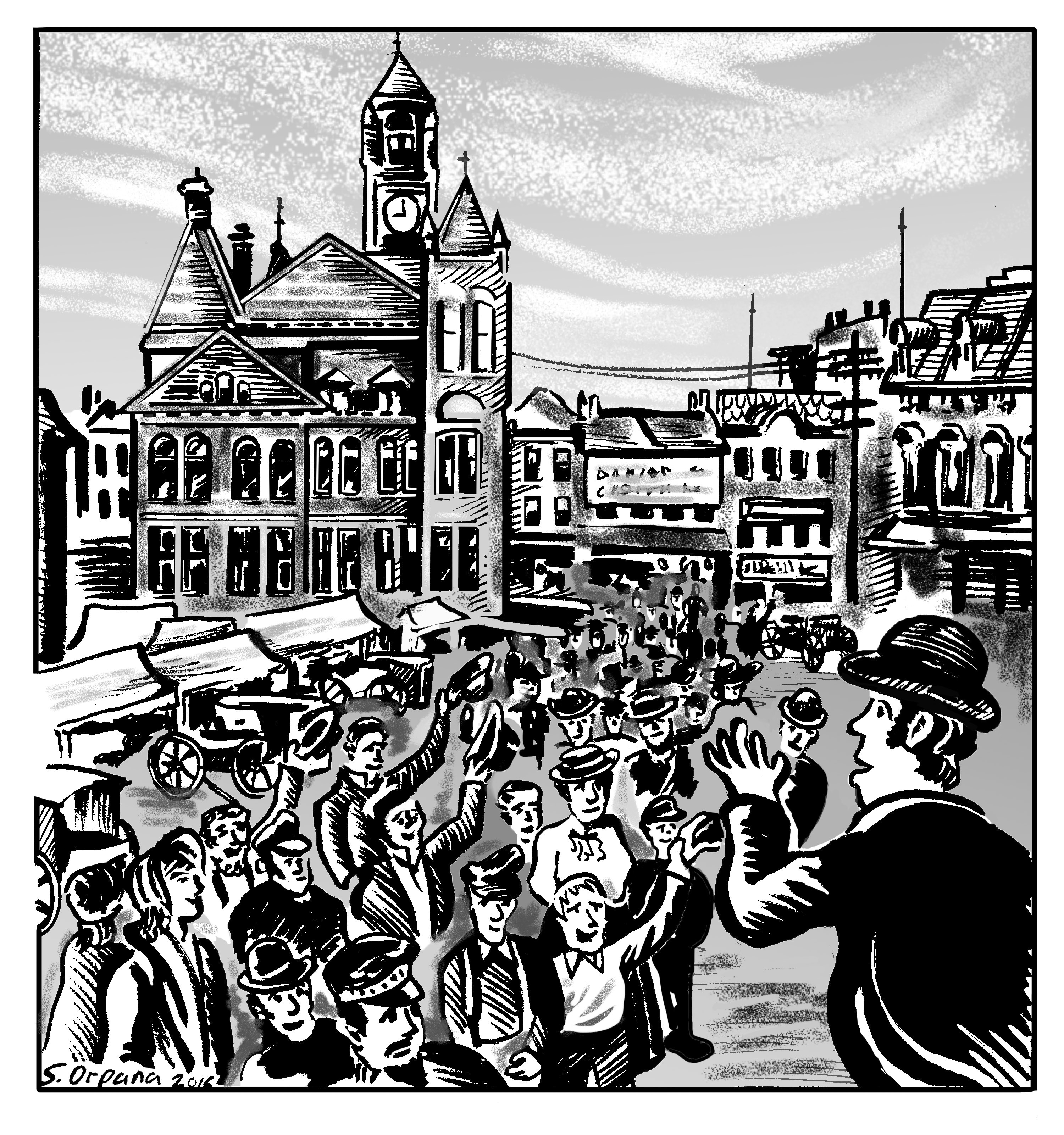 An illustration of James Ryan addressing a crowd in Old Market Square. Ryan is in profile as he faces a crowd of onlookers in the centre of the market. Around the edges of the illustration are temporary outdoor market stalls and permanent commercial buildings.