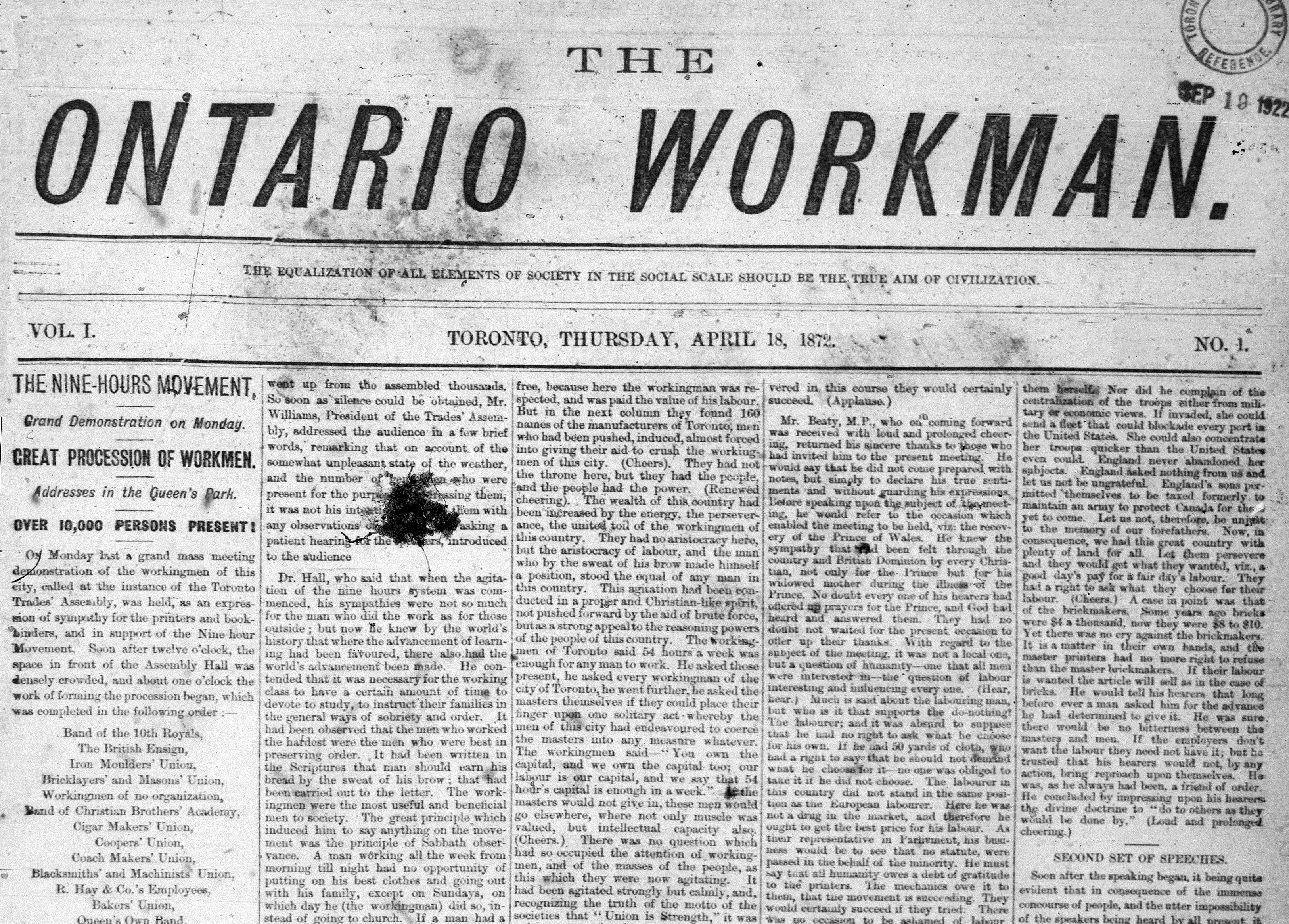 Front page of the newspaper, Ontario Workman, announcing a grand demonstration by the Nine Hours Movement.