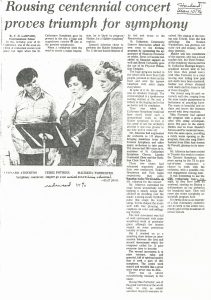 Leonard Atherton, Terri Pothier, and Maureen Forrester look over music on stand. Newspaper article titled 