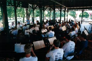 Orchestra from behind playing in bandshell