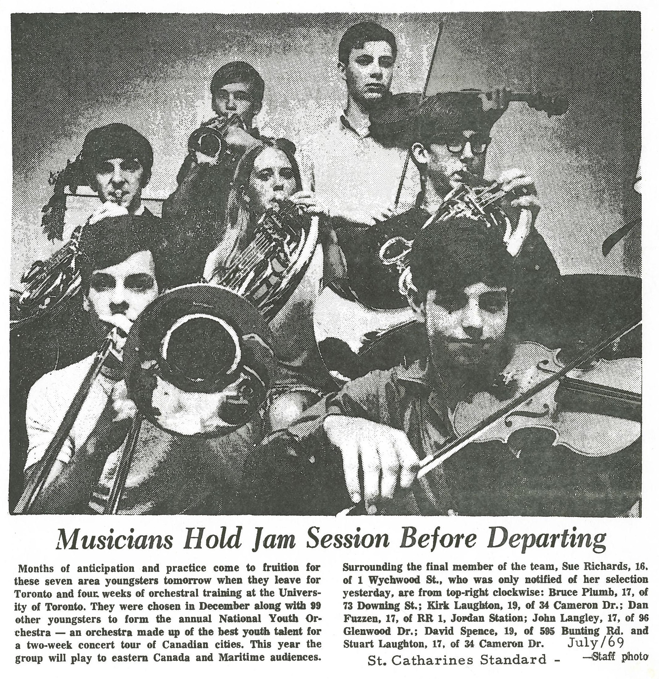 7 students chosen for national youth orchestra playing instruments. Newspaper article titled "Musicians Hold Jame Session Before Departing"