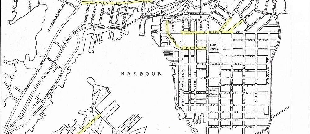 Street map of Saint John showing the streets in the uptown, north end and west side.