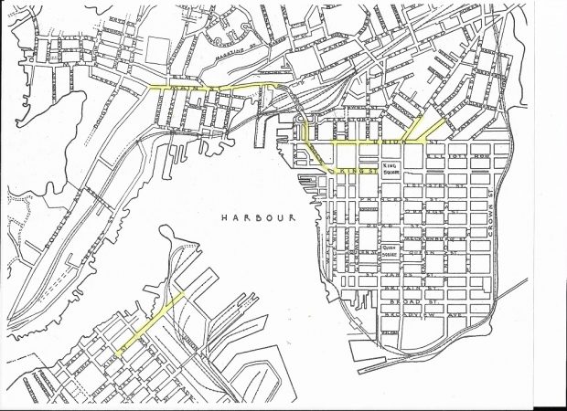 Street map of Saint John showing the streets in the uptown, north end and west side.