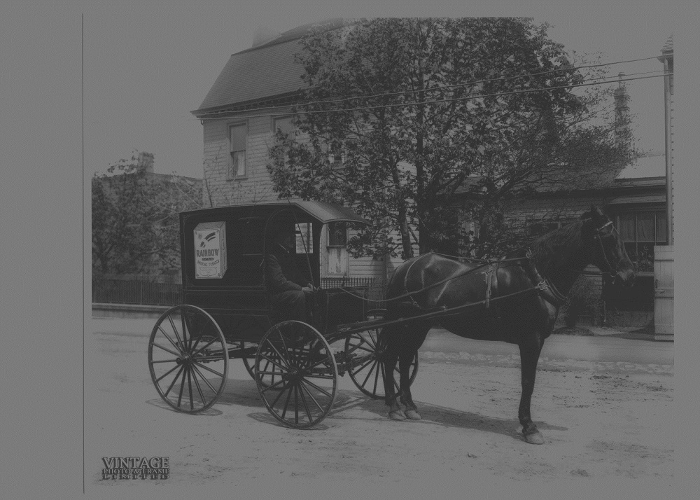Un cheval attelé à un petit chariot portant la mention « Rainbow Smoking Tobacco ».