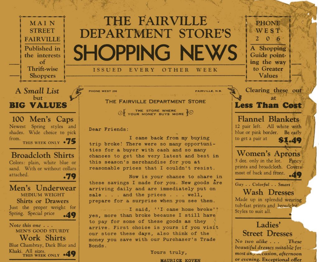 Feuillet publicitaire intitulé « The Fairville Department Store’s Shopping News » sur lequel on voit une lettre de Maurice Koven décrivant un voyage d’achat et des colonnes sur les côtés gauche et droit énumérant les vêtements à vendre pour hommes et femmes. 