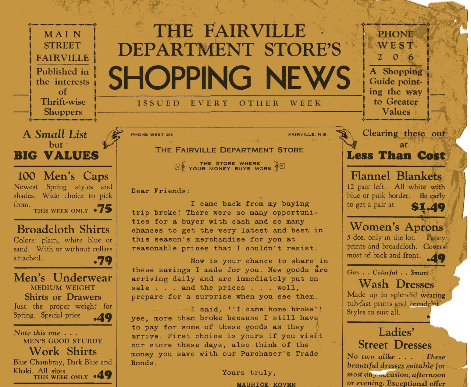 Flyer entitled “The Fairville Department Store’s Shopping News” – with letter from Maurice Koven describing buying trip and columns on left and right sides listing men’s and women’s clothing for sale.