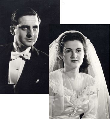 Side by side head and shoulders portraits - man dressed in tuxedo and woman in wedding dress and veil.