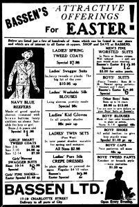 Newspaper advertisement – “Bassen’s Attractive Offering for Easter!” – listing of children’s, men’s and women’s clothing and prices.