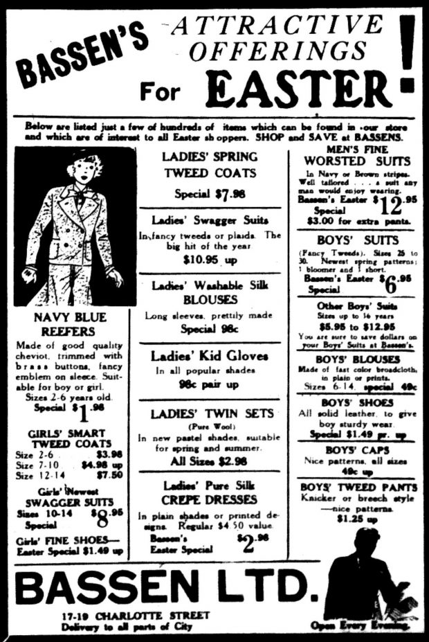 Newspaper advertisement – “Bassen’s Attractive Offering for Easter!” – listing of children’s, men’s and women’s clothing and prices.