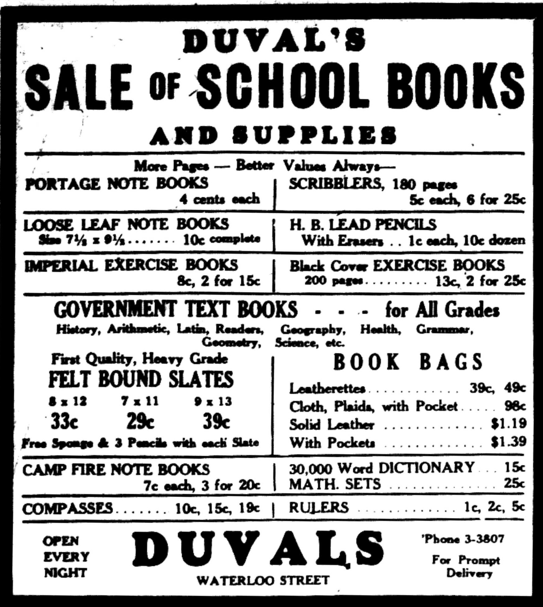 Newspaper advertisement – “Duval’s – Sale of School Books and Supplies” – listing of items with prices.
